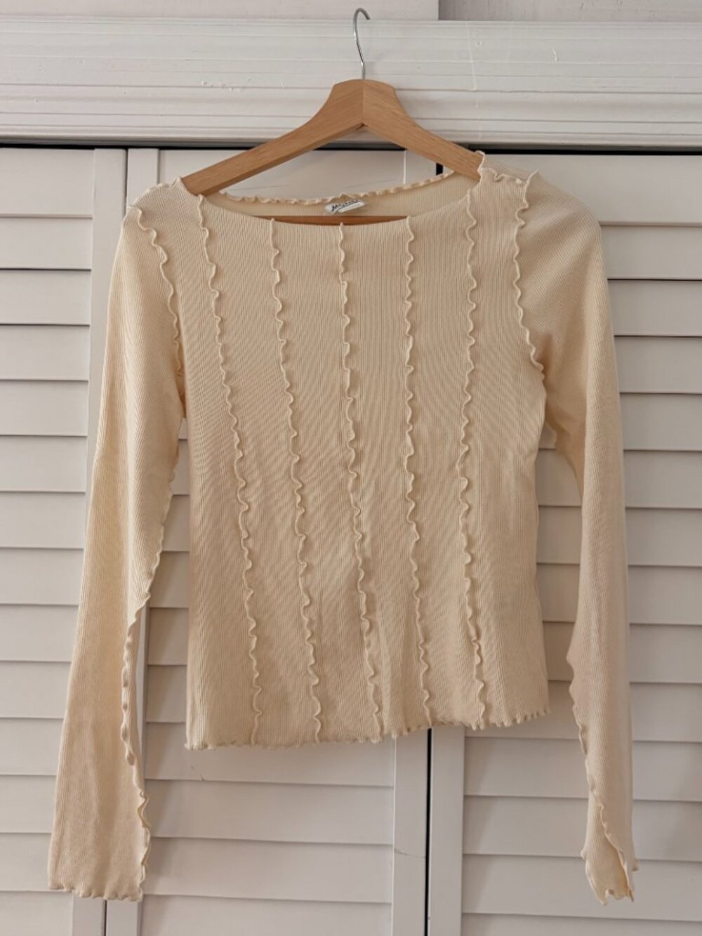Monki Cream Lettuce Hem Boat Neck Long Sleeve Top